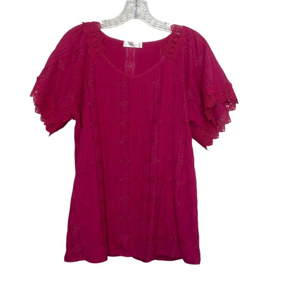Retrology Short Sleeve Shirt Top Womens Medium Pink New WOT Lace Trim - Picture 1 of 7